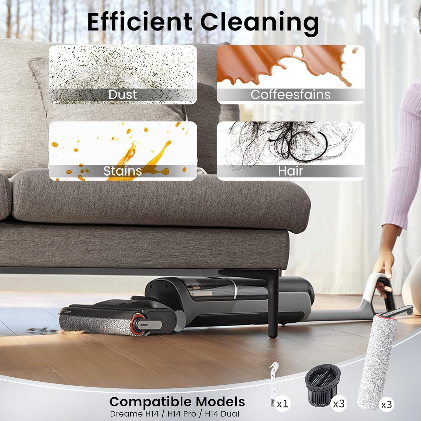 (7pcs) HEPA Filters & Replacement Parts Kit Brush Rollers Compatible Parts Accessories Kit For Dreame H14/H14 Pro/H14 Dual Wet Dry Vacuum Cleaner, Replacement Inclue 3 Vacuum Filter, 3 Brush Rollers