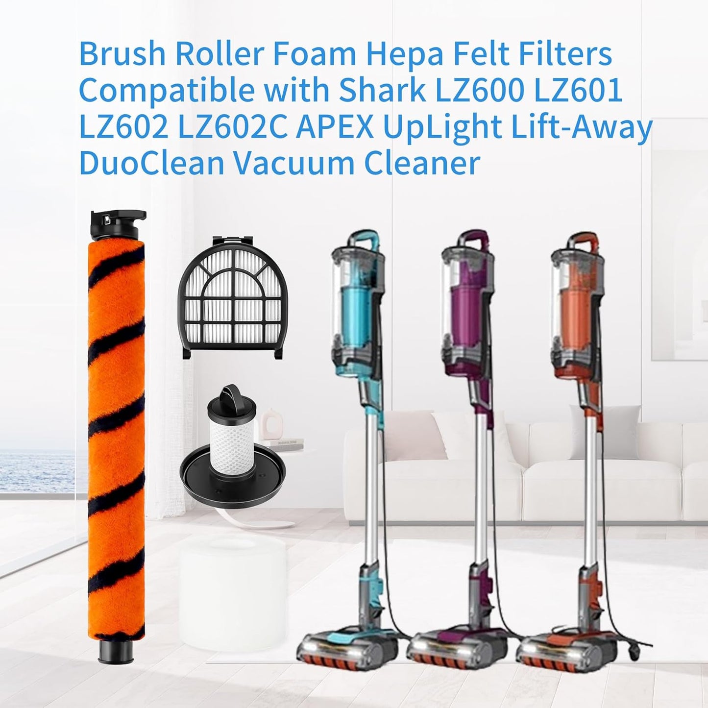 Brush Roller Foam Hepa Felt Filters Compatible with Shark LZ600 LZ601 LZ602 LZ602C APEX UpLight Lift-Away DuoClean Vacuum Cleaner # XFFLZ600 & XHFFC600