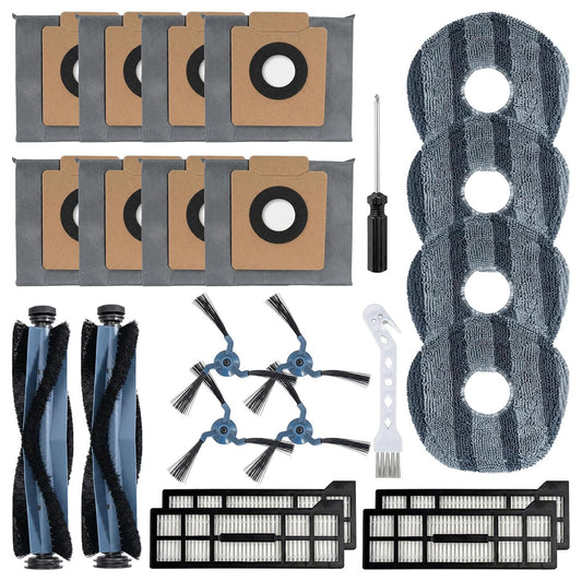 X10 Pro Omni Accessories for Eufy X10 Pro Omni Vacuum for Eufy Mop Pads - X10 Pro Omni Dust Bags x 8, Main Brush x 2, HEPA Filter x 4, Mop Pads x 4, Side Brushes x 4, 1 Cleaning Brush, 1 Screwdriver ﻿