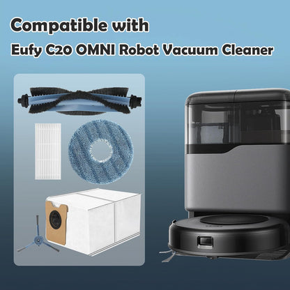 C20 Accessories Kit Replacement for Eufy Omni C20 Vacuum Cleaner,1 Main Brush,4 Mop Cloth Pads,4 Side Brushes,4 HEPA Filters,6 Replacement Dust Bags,1 Cleaning Tools,1 Screwdriver