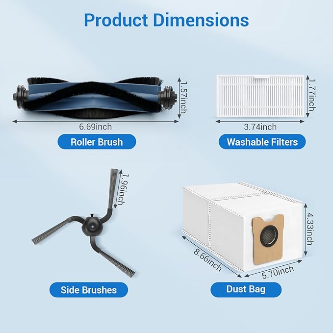 22 Pack Replacement Parts Compatible with for Eufy C10 Robot Vacuums Accessories kit, 2 Roller Brush, 6 HEPA Filters, 6 Side Brushes, 6 Dust Bags, 1 Clean Tool, 1 Screwdriver