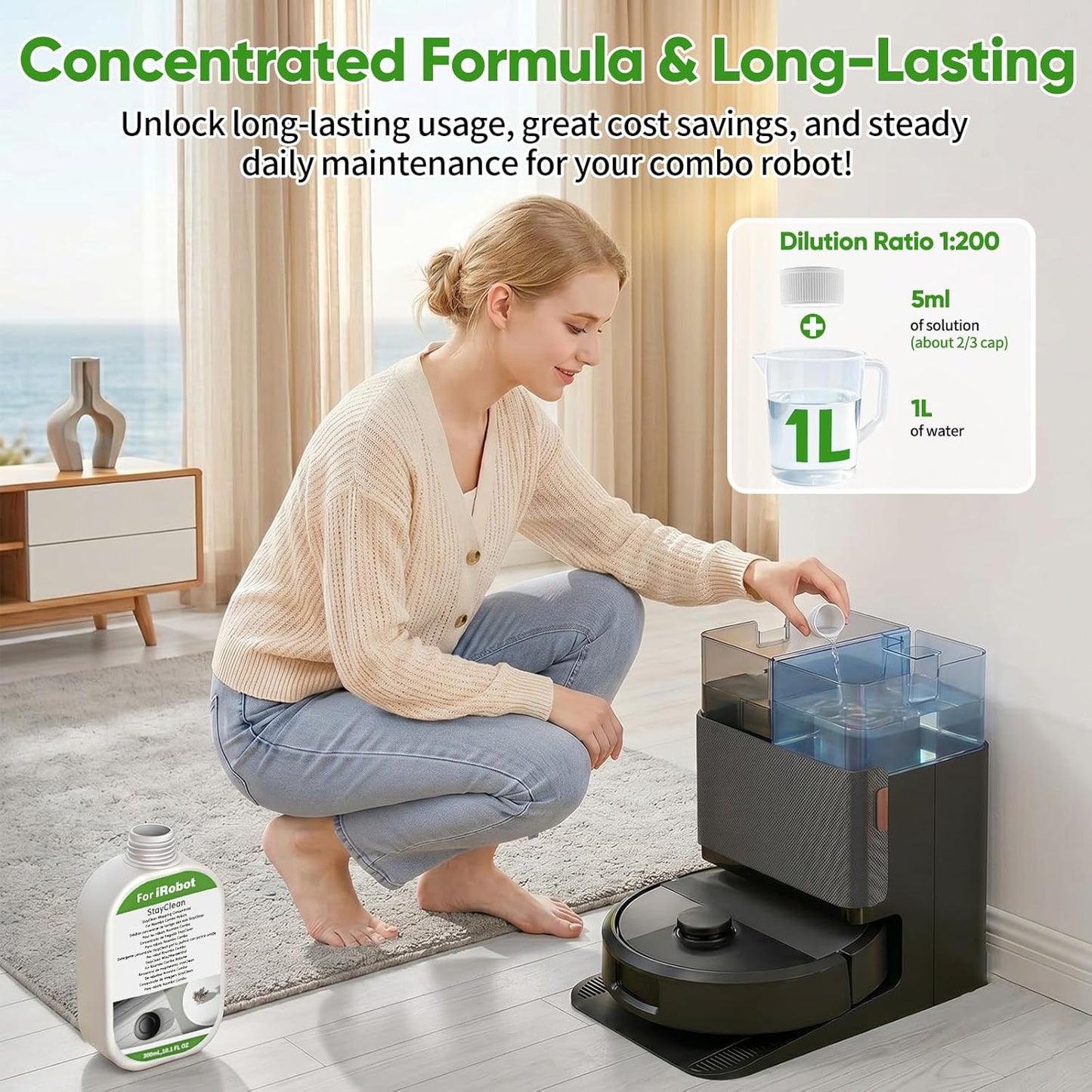 2 Pack Floor Cleaning Solution for Roomba Plus 405 505 Max 705 Combo Robot, Mopping Concentrate for iRobot Roomba, Residue & Streak Free, Pet Safe, Deeply Cleans Various Hard Floors, 300ML