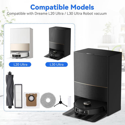 Replacement Parts Accessories Kit for Dreame L20 Ultra / L30 Ultra Robotic Vacuum Cleaner Spare Parts 1 Main Roller Brush 2 HEPA Filters 6 Side Brushes 6 Pads 6 Dust Bags and 1 Brush