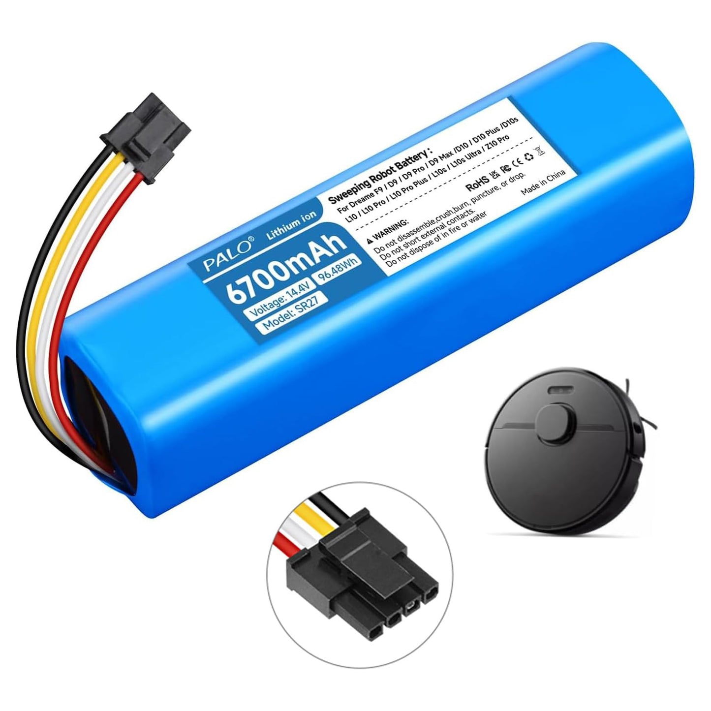 for Dreame L10s Ultra, L10,L10s,L10 Pro,L10 Pro Plus,D9,D9 Max,D9 Pro,F9,D10,D10s,D10 Plus,RL55L,RLS5-BL0,RLS5-WH0,RVS5-WH0,Z10 Pro Robot Vacuum Cleaner P2008-4S2P-MMBK-14.4V Li-ion 6700mAh Battery