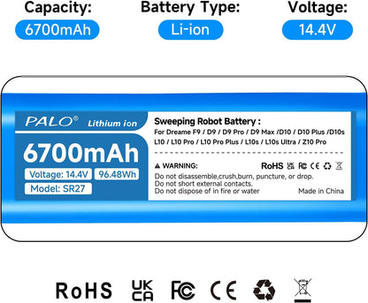 for Dreame L10s Ultra, L10,L10s,L10 Pro,L10 Pro Plus,D9,D9 Max,D9 Pro,F9,D10,D10s,D10 Plus,RL55L,RLS5-BL0,RLS5-WH0,RVS5-WH0,Z10 Pro Robot Vacuum Cleaner P2008-4S2P-MMBK-14.4V Li-ion 6700mAh Battery