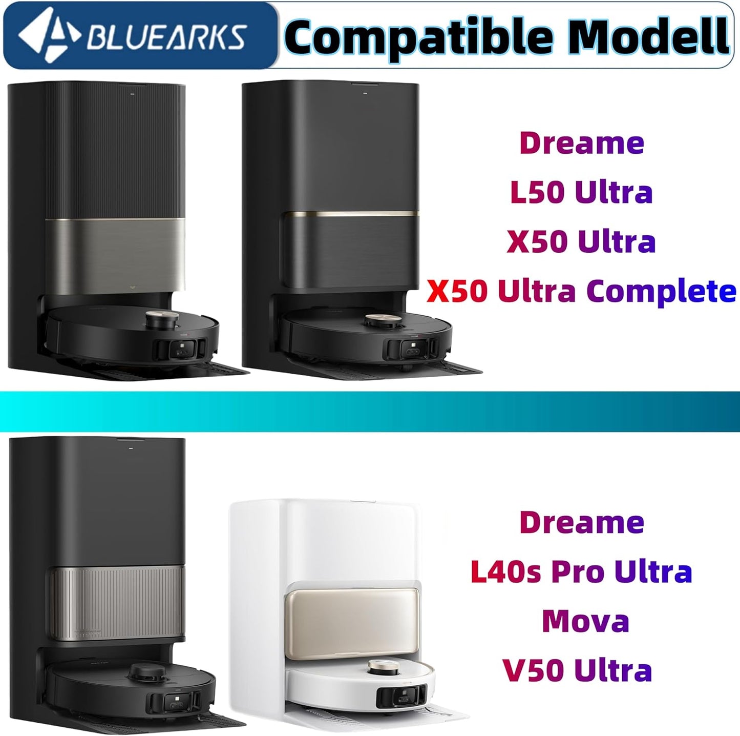 26Pcs Replacement Parts for Dreame X50 Ultra/L50 Ultra/L40s Pro Ultra/Mova V50 Ultra Vacuum Cleaner Accessories Kit,1 Set Main Brush 4 Hepa Filters 6 Side Brush 6 Vacuum Bags 6 Mop Pads