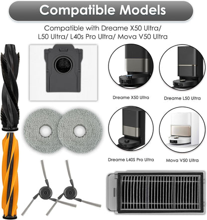 (25 Pack) X50 Ultra Replacement Parts Accessories for Dreame X50 Ultra, L40s Pro Ultra, L50 Pro Ultra, X50 Master Robot, 2 Roller Brushes, 6 Side Brushes, 6 Dust Bags, 5 HEPA Filters, 6 Mop Pads