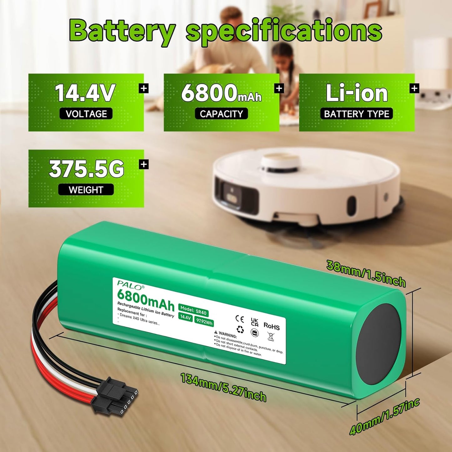 for Dreame X40 Ultra Battery,14.4V 6800mAh High-Capacity Replacement Battery for Dreame X40 Ultra / L40 Ultra / X40 Master / W20Pro Ultra / W20 Pro Ultra/Bot X30 Ultra / R2416-4S2P-HPLS