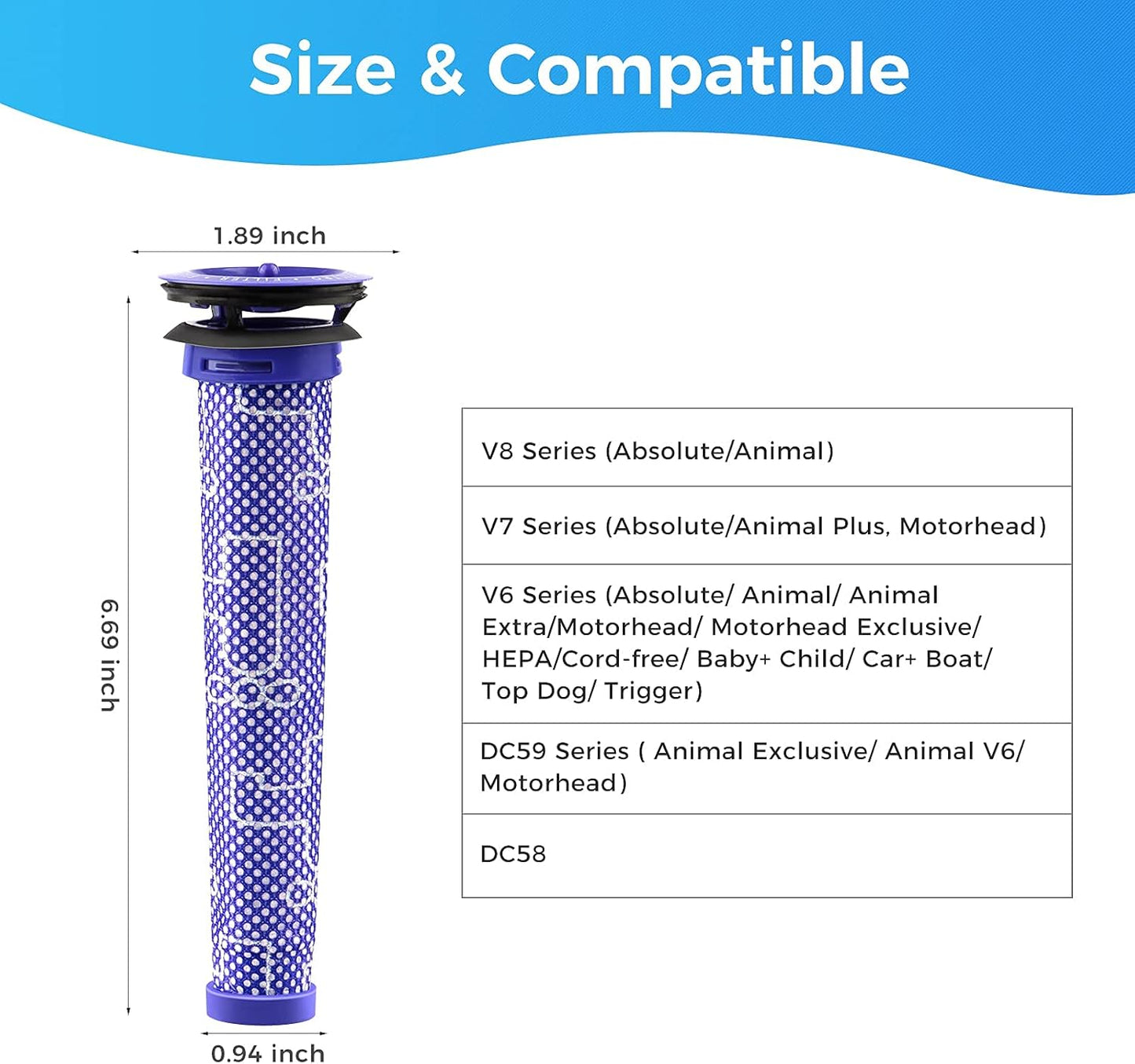 3Pack Pre Filters Replacement for Dyson - Vacuum Filter Compatible with Dyson V6 V7 V8 DC59 DC58 Replaces Part 965661 01 (3 Pack)