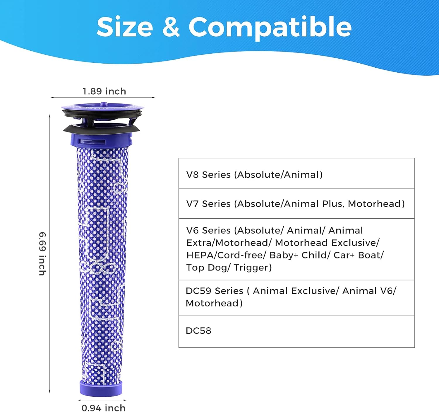 3Pack Pre Filters Replacement for Dyson - Vacuum Filter Compatible with Dyson V6 V7 V8 DC59 DC58 Replaces Part 965661 01 (3 Pack)