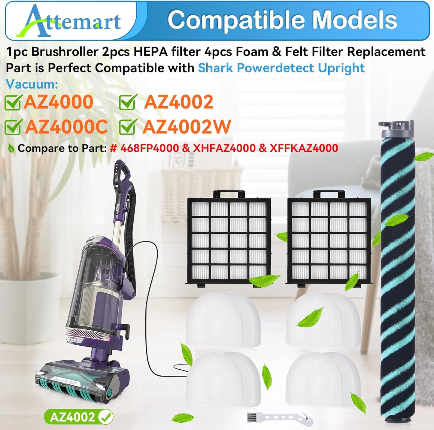 AZ4002 Roller Brush Filter Replacement Part for Shark Powerdetect Upright Vacuum AZ4000 AZ4000C AZ4002W, 1 Brush Roll+2 HEPA 4 Foam Felt Filters, Compare to part XHFAZ4000&XFFKAZ4000, 7 Pack