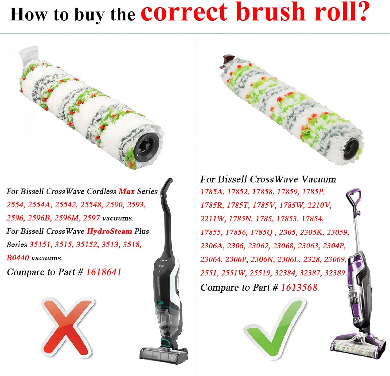 Lemige Brush Filter Replacement Parts for Bissell CrossWave Vacuum 3888A 1785 Pet Pro 2306A Cordless Wet Dry Vac, 3 Pack 2460 Multi-Surface Pet Brush Roll & 1866 Vacuum Filter, Part 1613568 1608684