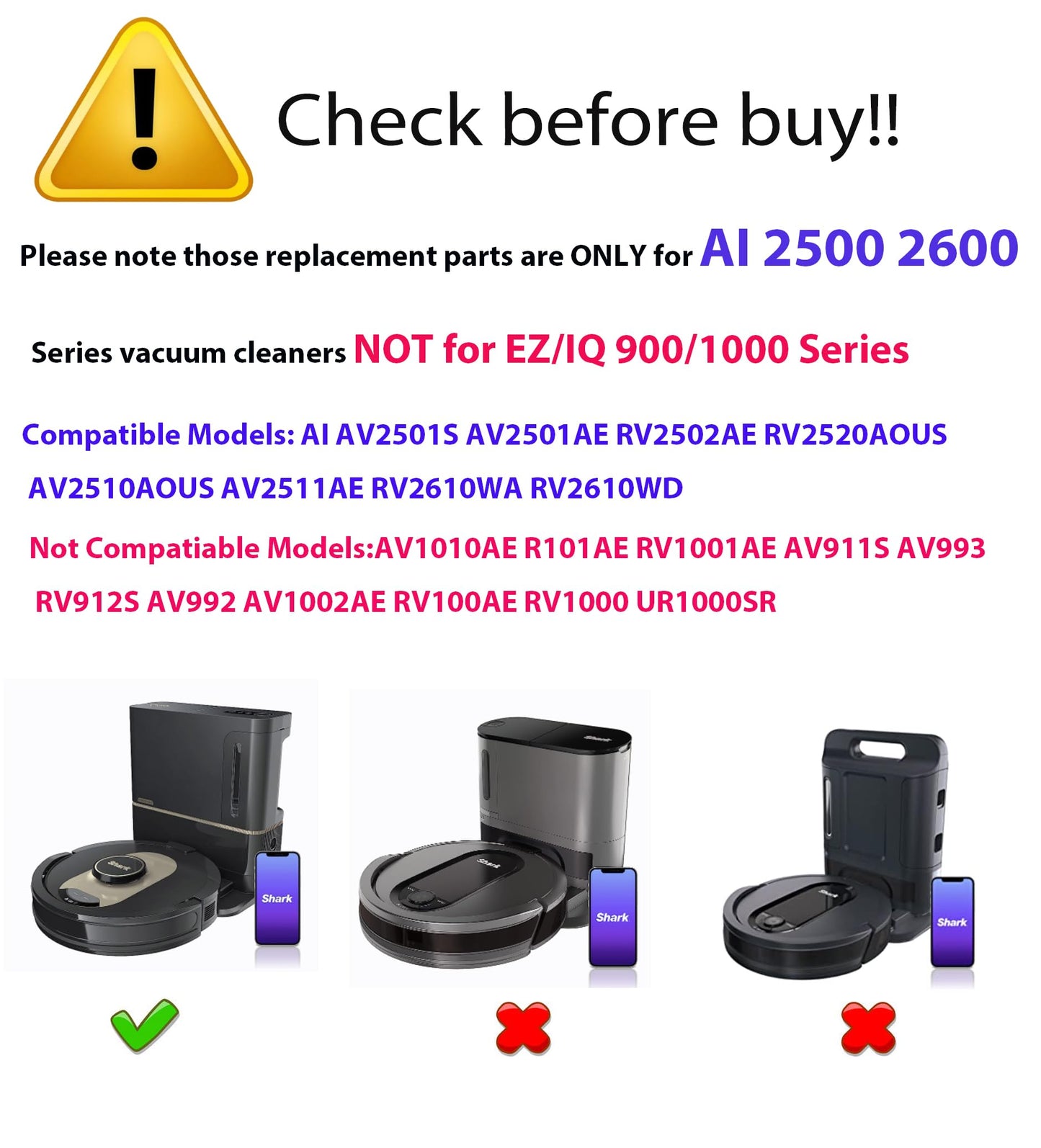 Replacement Parts for Shark AI AV2501S AV2501AE RV2502AE RV2520AOUS AV2510AOUS AV2511AE RV2610WA RV2610WD Accessories Kit with Main Roller Brush Filters Foam/Primary Filter Sweep Side Brushes